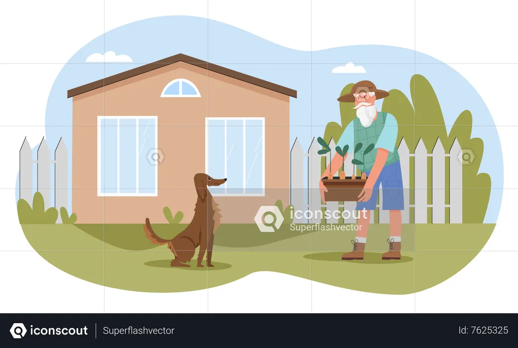 Old man in yard with dog  Illustration