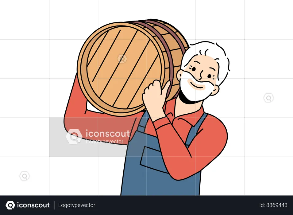 Old man is carrying oil barrel  Illustration