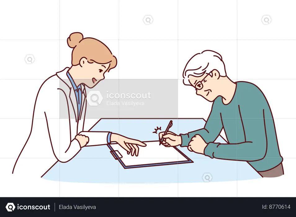 Old man is signing operation form  Illustration