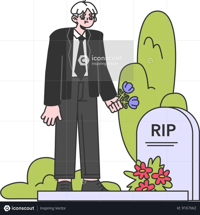 Old man keeps flower at his wife's graveyard  Illustration