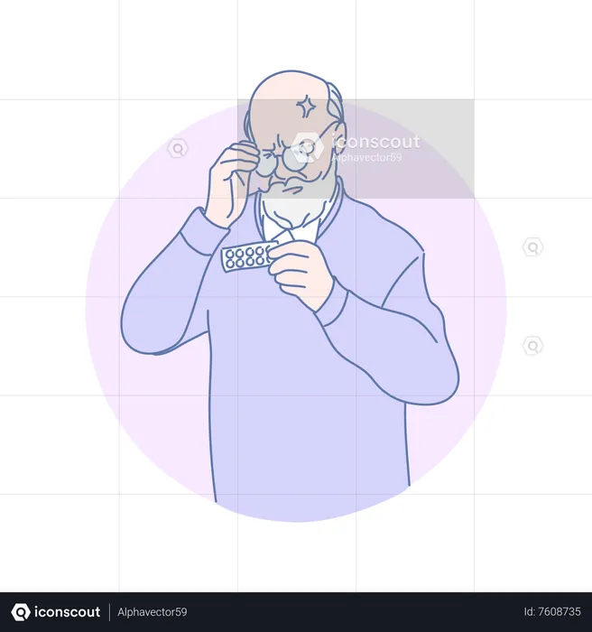 Old man looking at medicine packet  Illustration