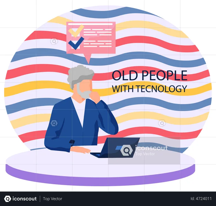 Old man looking for information and surfing internet  Illustration