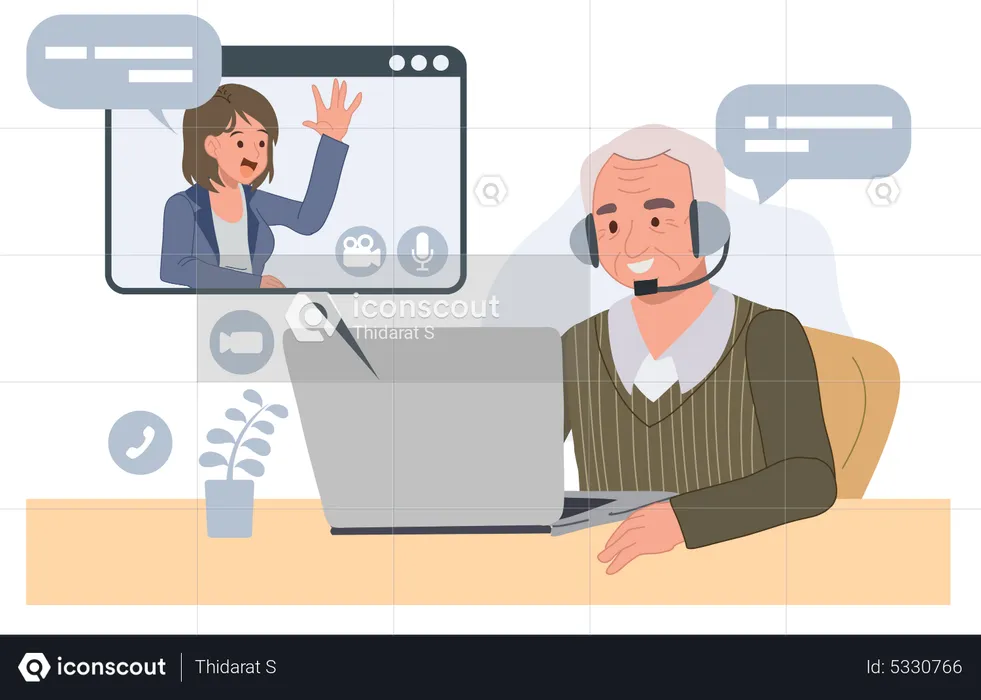 Old man making video call with daughter  Illustration