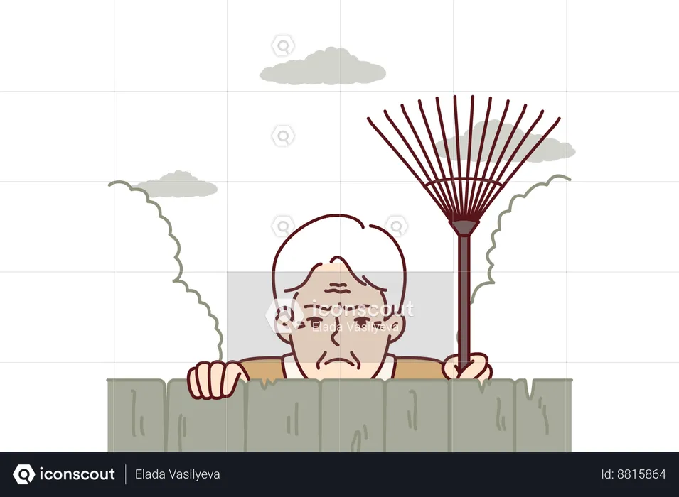 Old man peeps behind house fence  Illustration