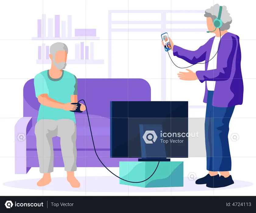 Old man playing video game and aged woman chatting on video call  Illustration