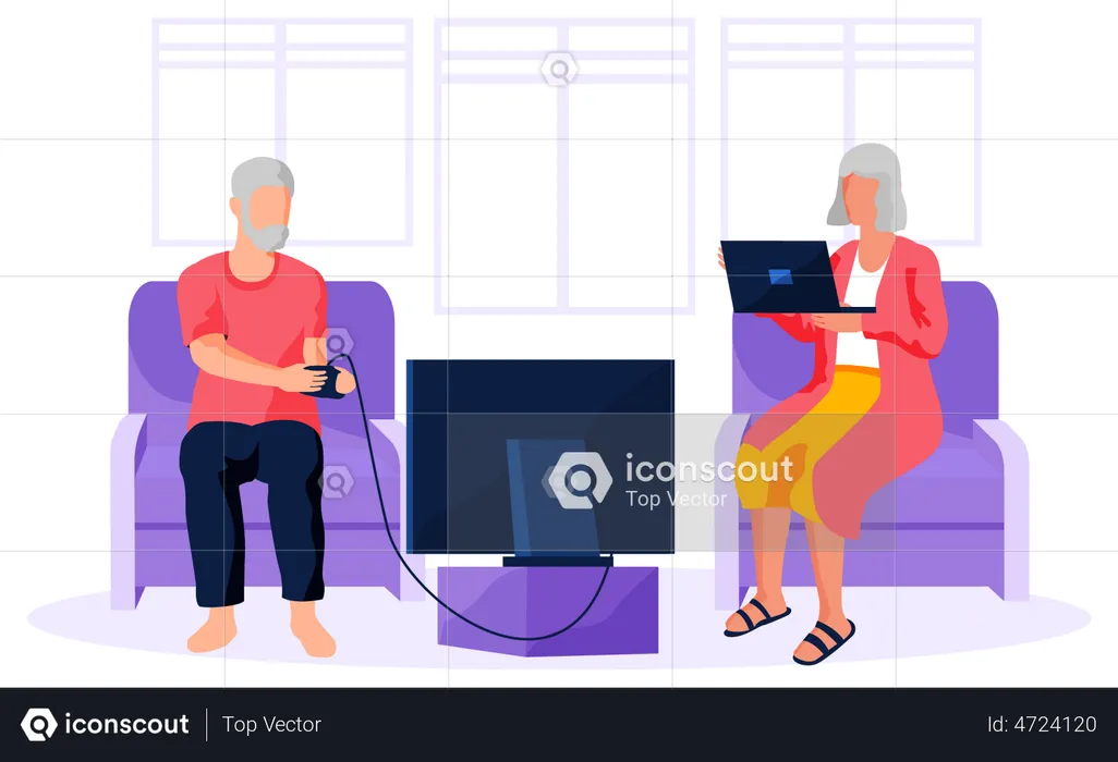 Old man playing video game and aged woman working on laptop  Illustration