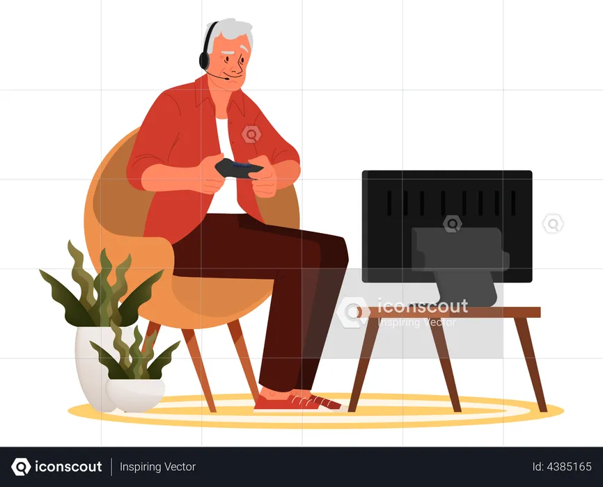 Old man playing video games  Illustration