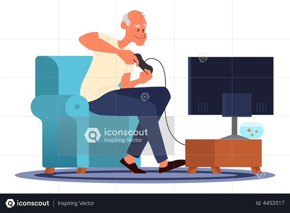 Old man playing video games  Illustration