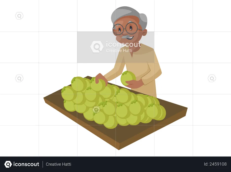Old man purchasing fruits or vegetables from a street stall  Illustration