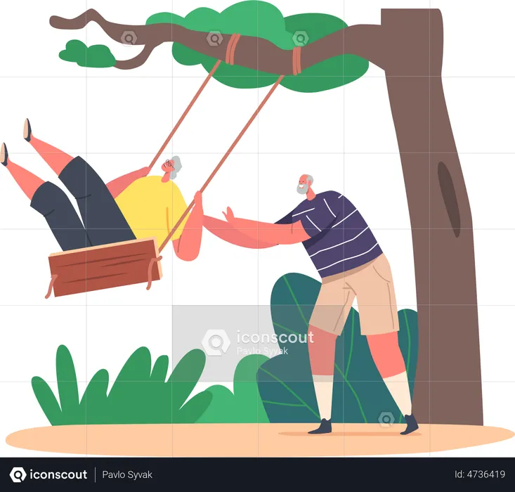 Old Man Pushing Elderly Woman Sitting on Wooden Teeterboard Hanging on Tree  Illustration