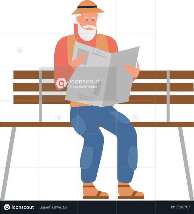 Old man reading news paper at garden  Illustration