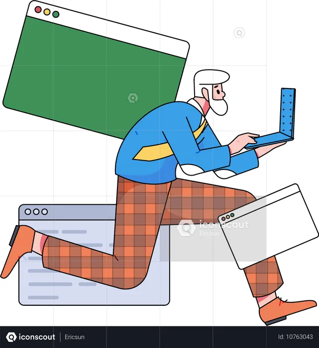 Old man running with laptop  Illustration