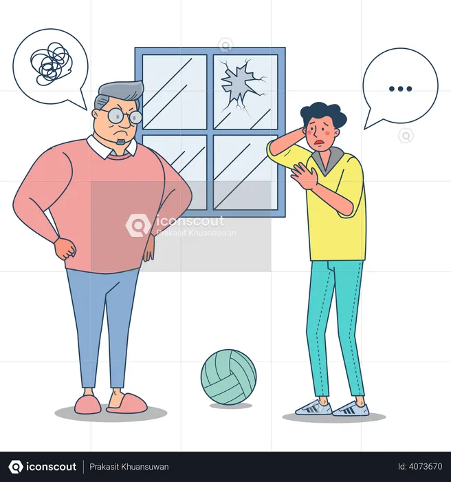 Old man scolding young boy for breaking window  Illustration