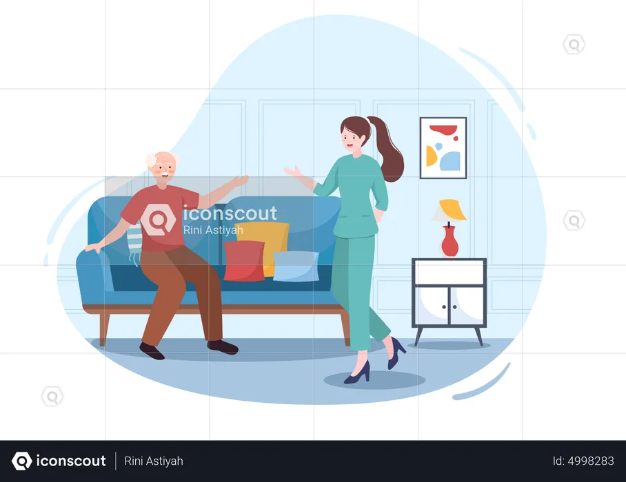Old Man Seating On Couch and nurse taking care  Illustration