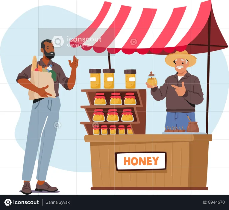 Old man sells honey jar  Illustration