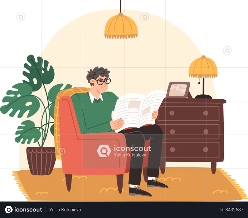 Old man siting on comfortable chair and reads a newspaper  Illustration