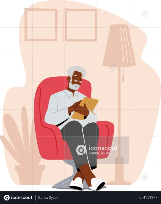 Old man sitting on armchair reading a book  Illustration