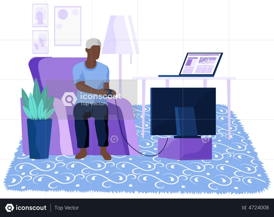 Old man sitting on couch plays video games on tv  Illustration