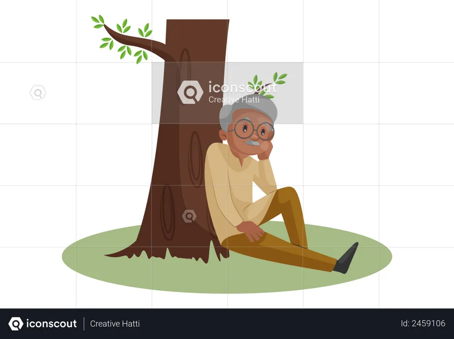 Old man sitting under a tree and thinking something  Illustration