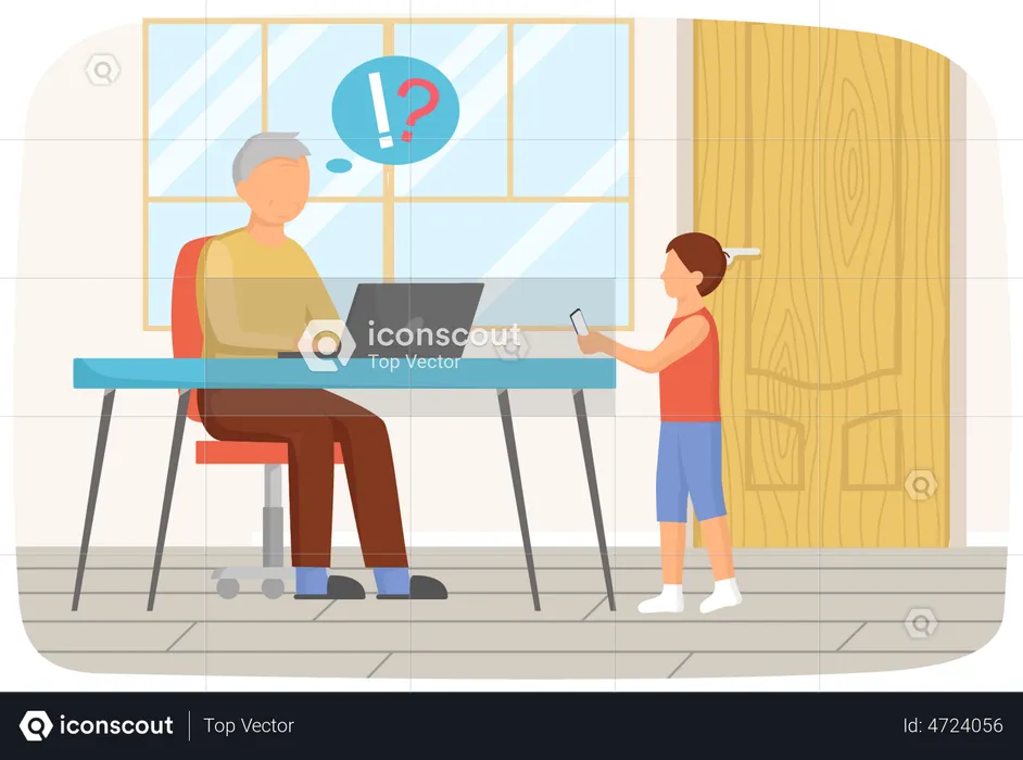 Old man sitting with computer asks his grandson of help  Illustration