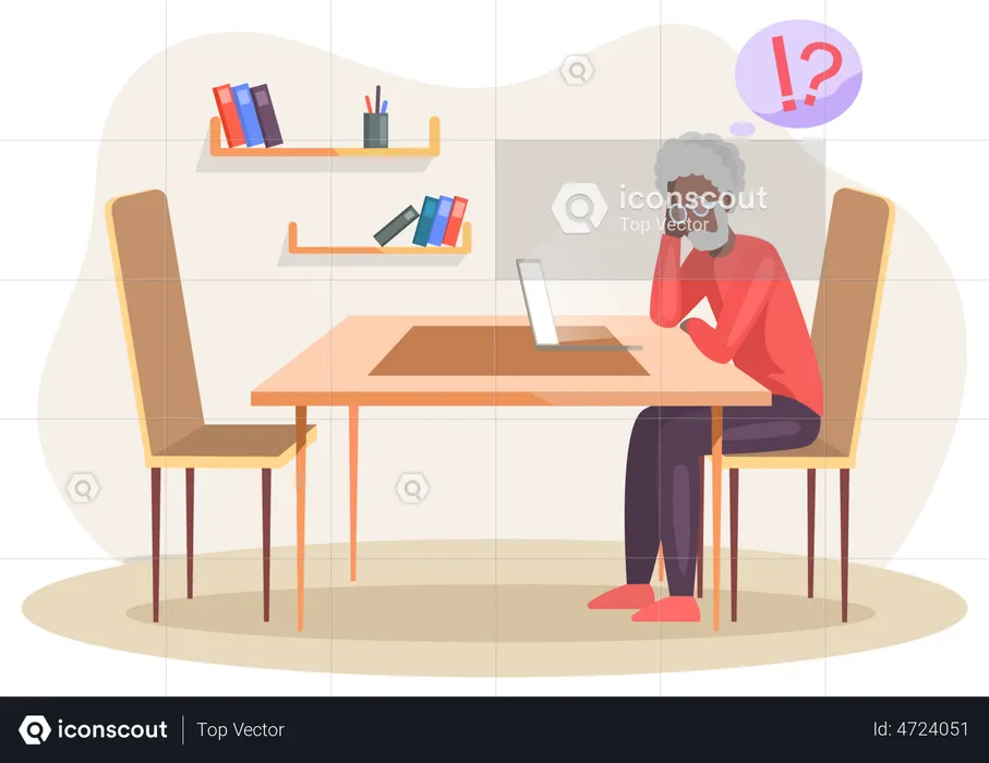 Old man sitting with computer is confused  Illustration
