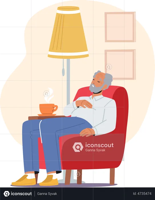 Old man sleeping on armchair while having cup of coffee  Illustration