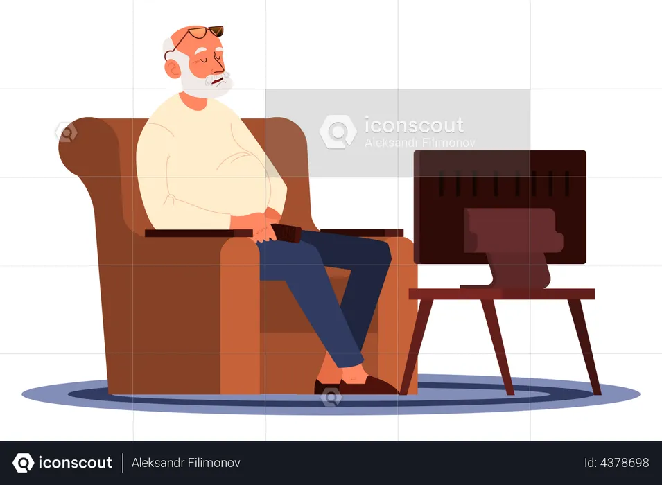 Old man sleeping on armchair while watching TV  Illustration