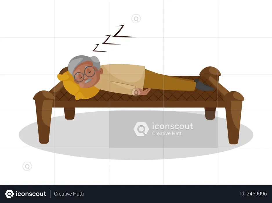 Old man sleeping on woven bed  Illustration