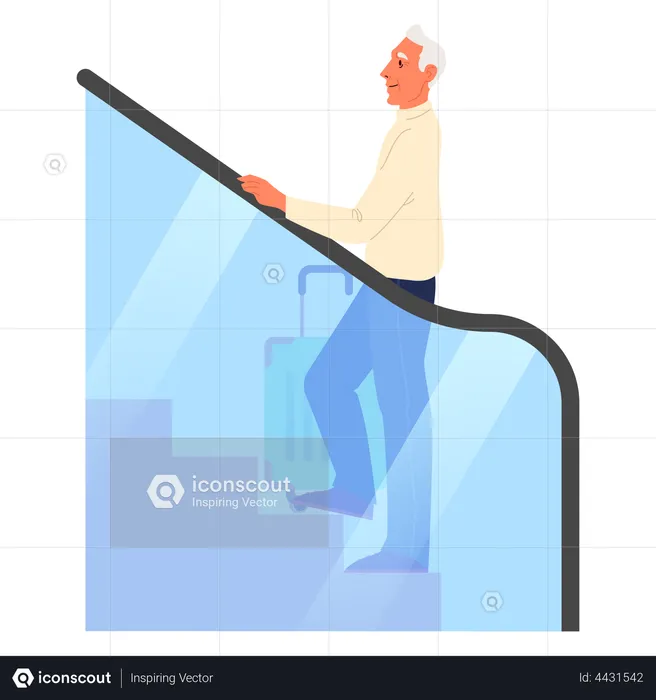 Old man standing on escalator at the airport  Illustration