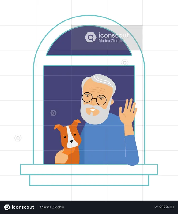 Old man standing with his dog in window  Illustration