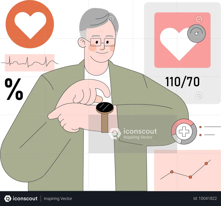 Old man tracking fitness using smartwatch  Illustration