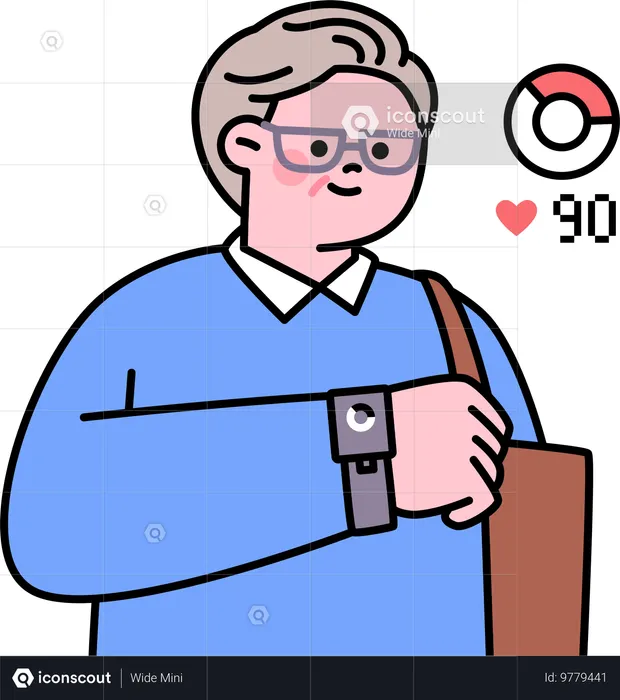 Old man tracks his heartbeat using smartwatch  Illustration