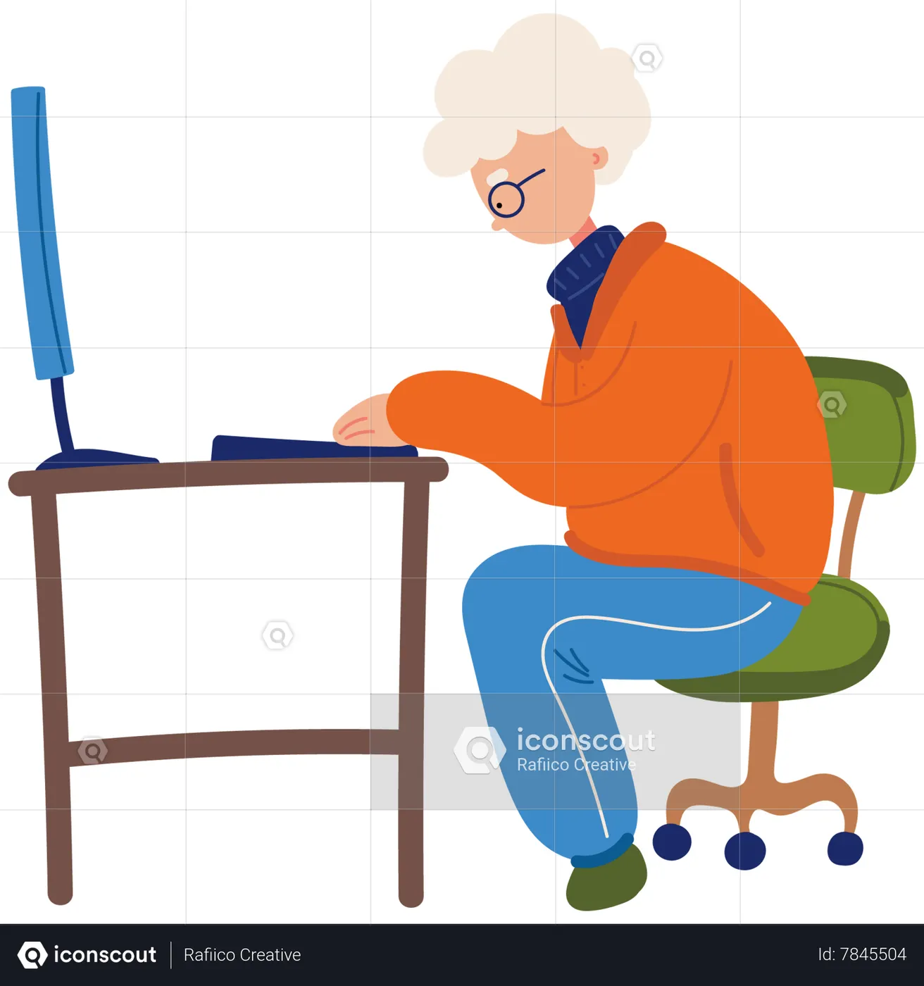 Best Old man typing computer Illustration download in PNG & Vector format