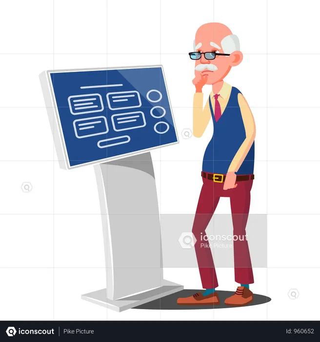 Old Man Using ATM, Digital Terminal Vector  Illustration