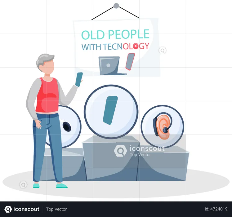 Old Man using gadgets and technology  Illustration