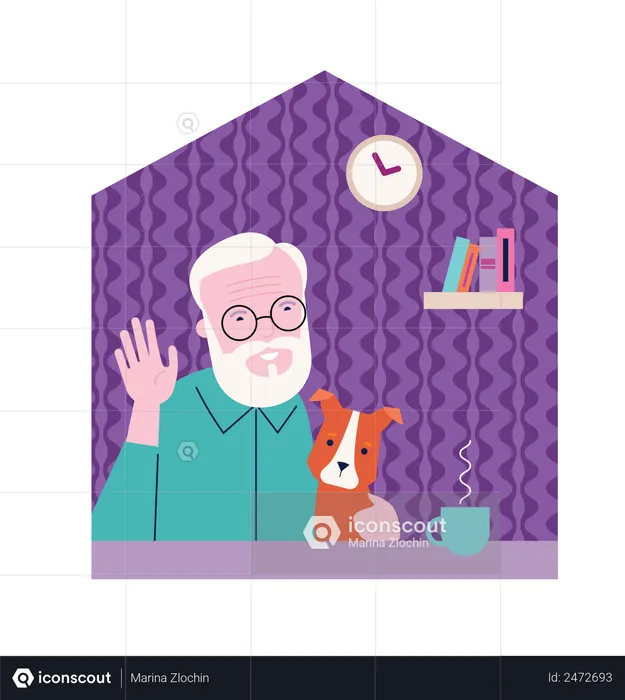 Old man waiving his hand and holding dog  Illustration