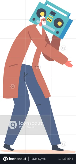 Old man walking while holding tape player  Illustration