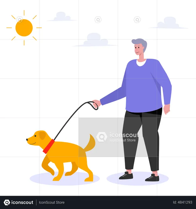 Old man walking with pet dog  Illustration