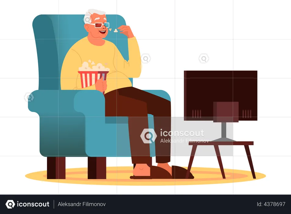 Old man watching TV with 3d glasses and popcorn  Illustration