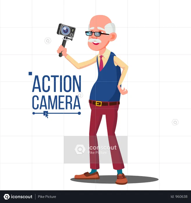 Old Man With Action Camera  Illustration