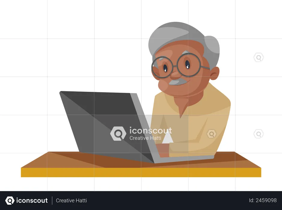 Old man working on a laptop  Illustration