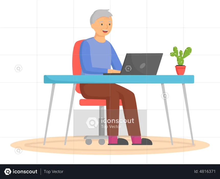 Old man working on laptop  Illustration