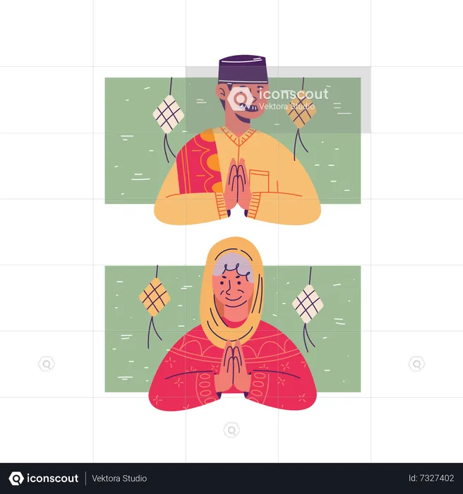 Old Muslim couple giving greetings  Illustration