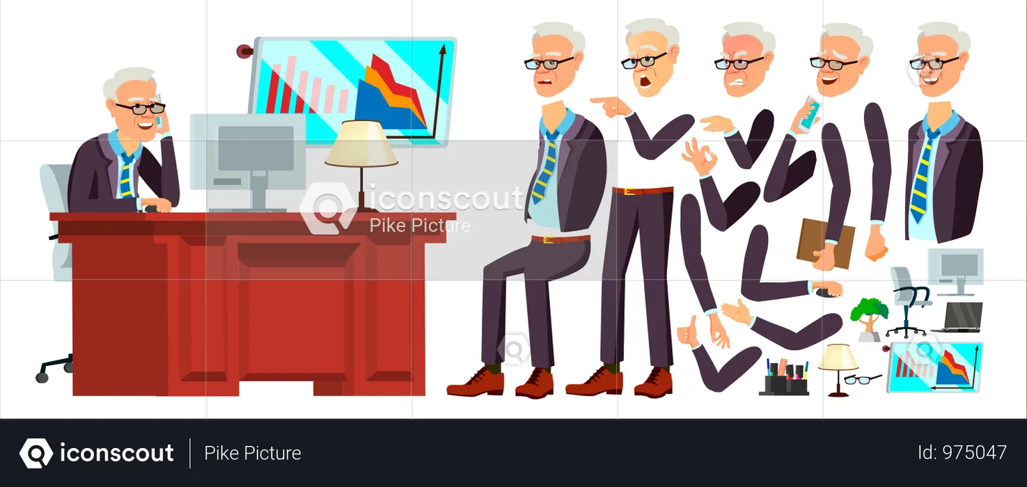 Old Office Worker Vector. Face Emotions, Various Gestures. Animation. Businessman Human. Modern Cabinet Employee, Workman, Laborer. Isolated Flat Cartoon Character Illustration  Illustration