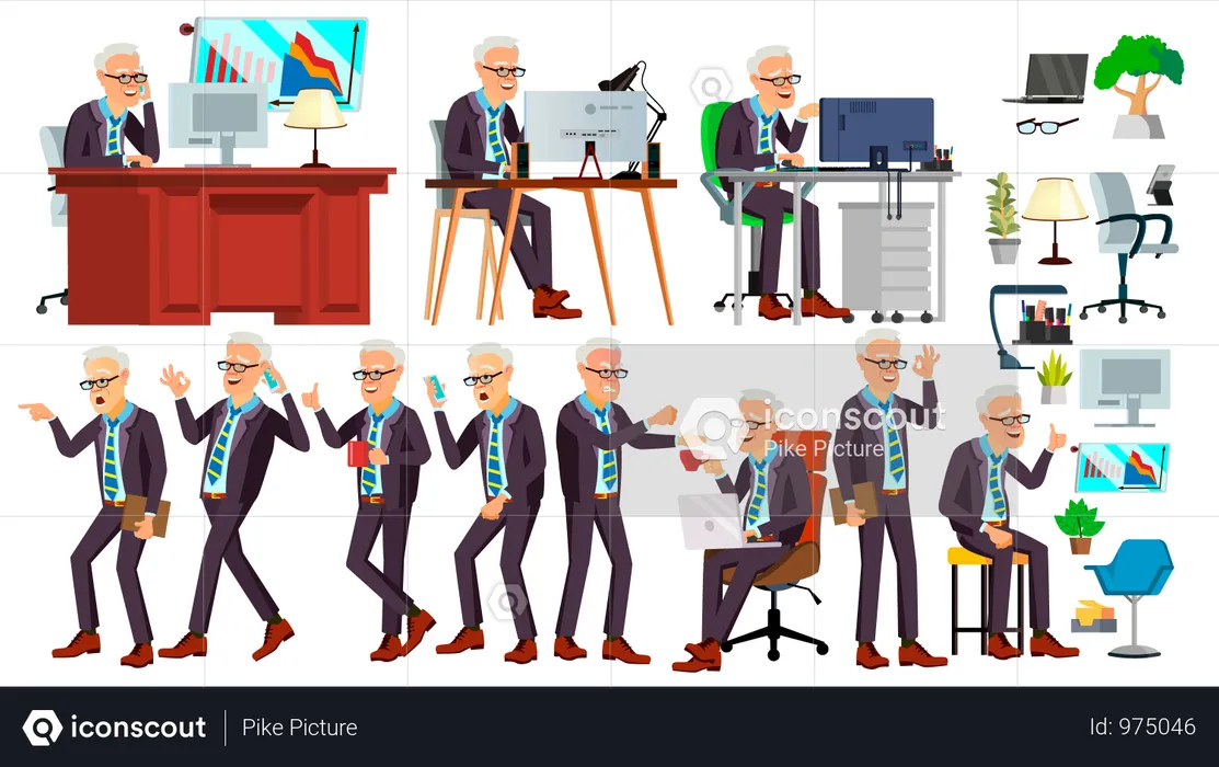 Old Office Worker Vector. Face Emotions, Various Gestures. Business Man. Professional Cabinet Workman, Officer, Clerk. Isolated Cartoon Character Illustration  Illustration