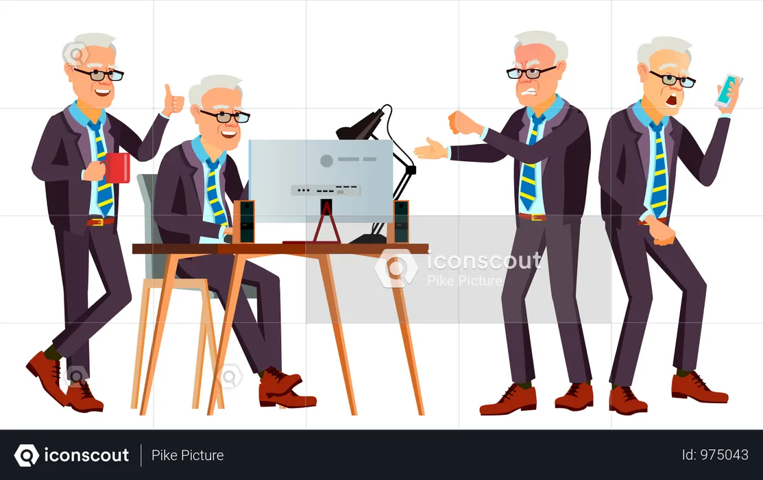Old Office Worker Vector. Face Emotions, Various Gestures. Business Worker. Career. Professional Workman, Officer, Clerk. Flat Cartoon Illustration  Illustration