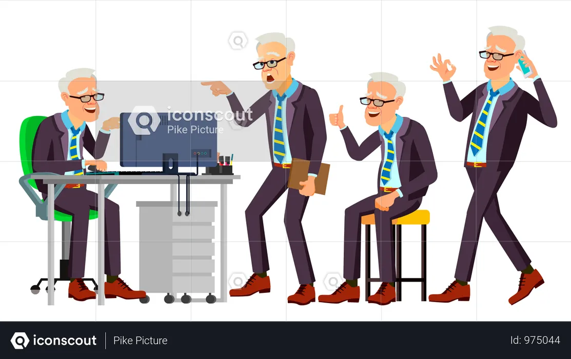 Old Office Worker Vector. Face Emotions, Various Gestures. Businessman Person. Smiling Executive, Servant, Workman, Officer. Isolated Character Illustration  Illustration
