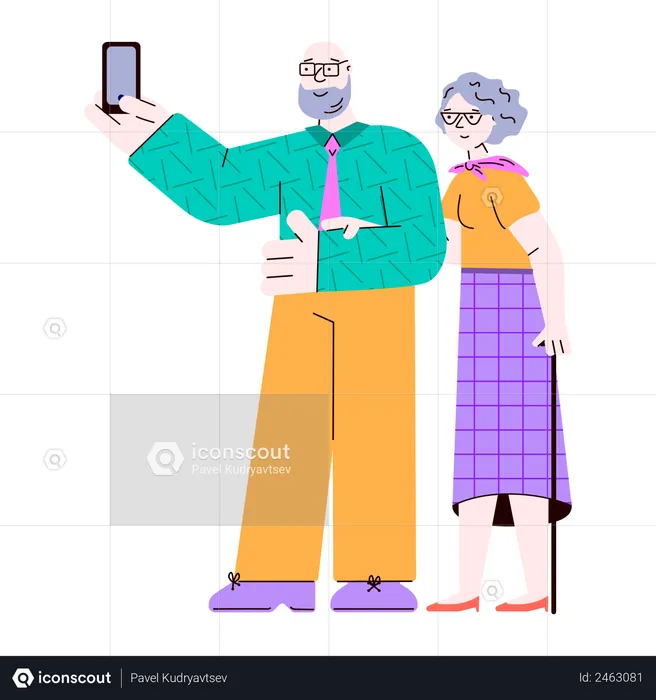 Old people standing and taking selfie on smartphone  Illustration