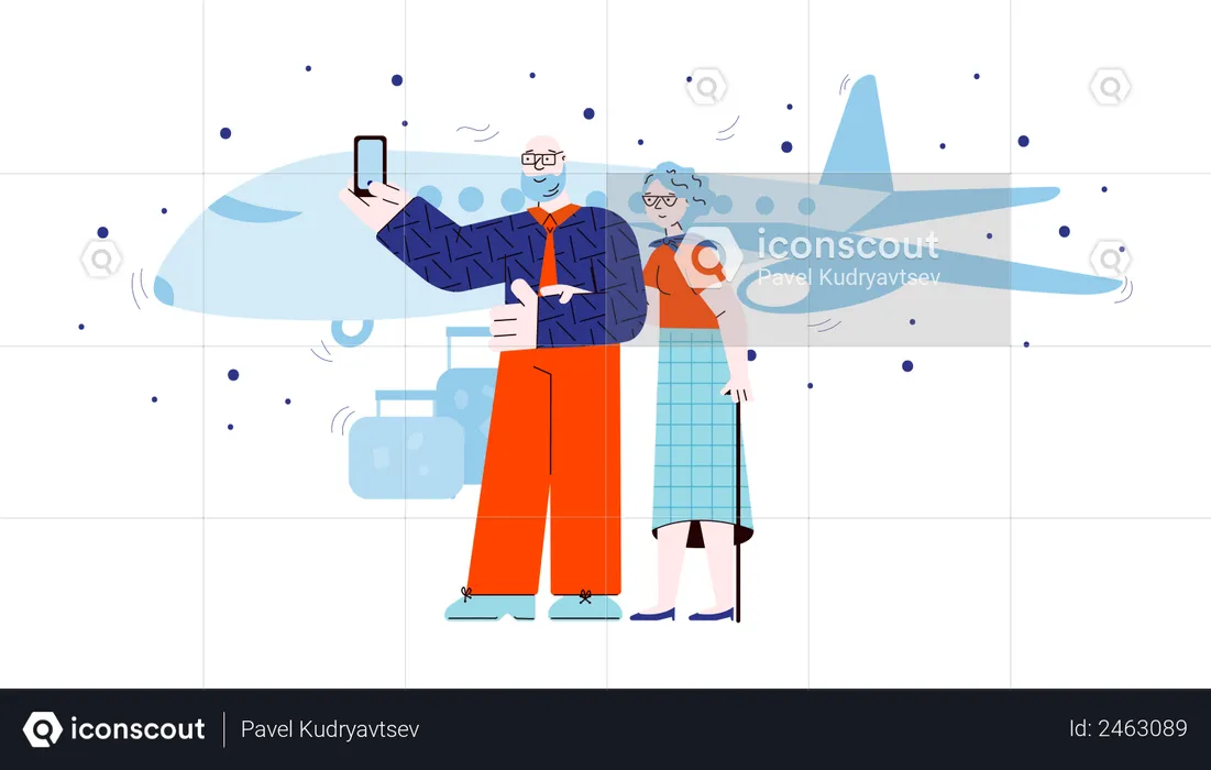 Old people taking selfie in front of airplane  Illustration