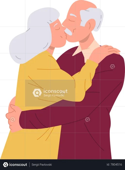 Old senior loving couple kissing and hugging  Illustration